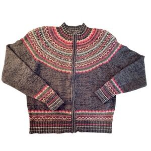 VTG Tiara International Women M Fair Isle Zip Up Mock Neck Sweater Knit Nordic